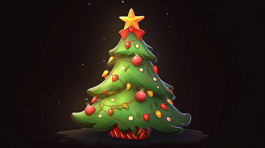 装饰华丽有小星星的绿色可爱卡通圣诞树背景图片