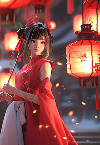 夜晚穿着喜庆的红色古风服装欣赏灯笼的卡通女孩背景图片