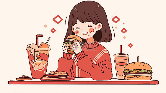 穿着红色毛衣吃汉堡的可爱卡通小女孩图片