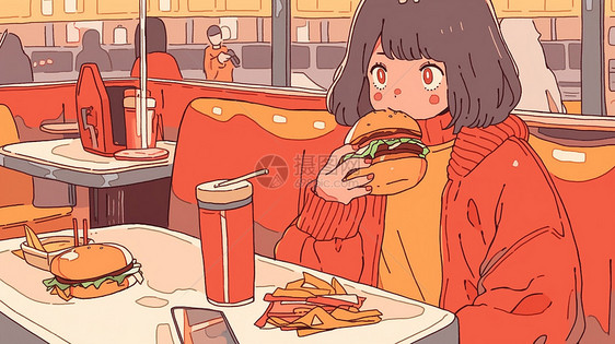 吃汉堡快餐穿红色厚外套的卡通女孩图片