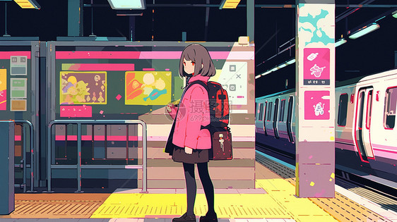穿着粉色外套在地铁站等车的卡通小女孩图片