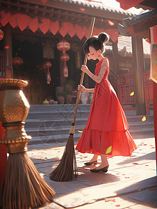 穿着红裙子在院子中打扫的古风装扮卡通女孩图片