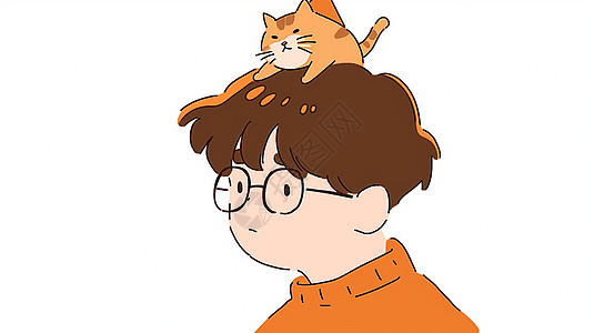 穿橙色毛衣的卡通男孩头顶上趴着一只猫图片
