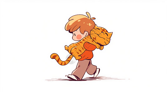扛着宠物橘猫走路的卡通小男孩图片
