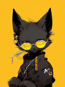 戴着黄色墨镜可爱的卡通黑猫图片