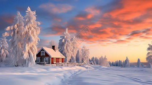 雪地森林小木屋图片