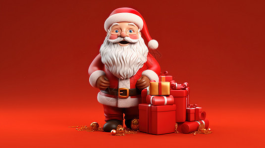 3D圣诞老人红色背景背景图片