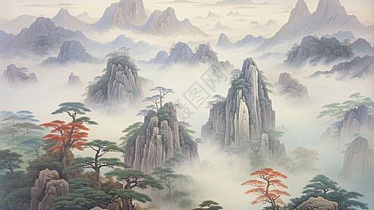 云雾缭绕的仙境般古风卡通山水画插画