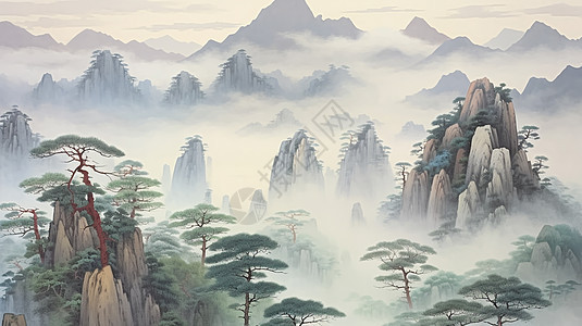 古松与高高的卡通山峰背景图片