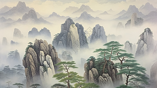 雾山川上几棵水墨风古松山水画插画