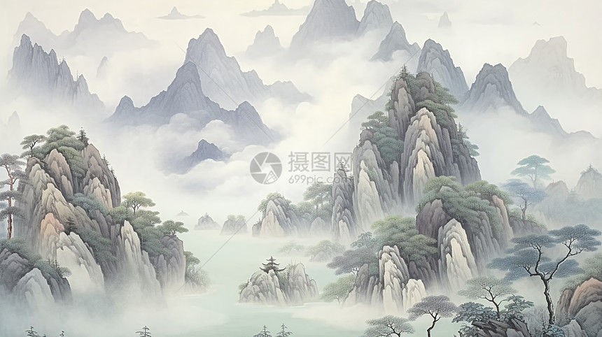 梦幻唯美的古风大山大河卡通风景图片