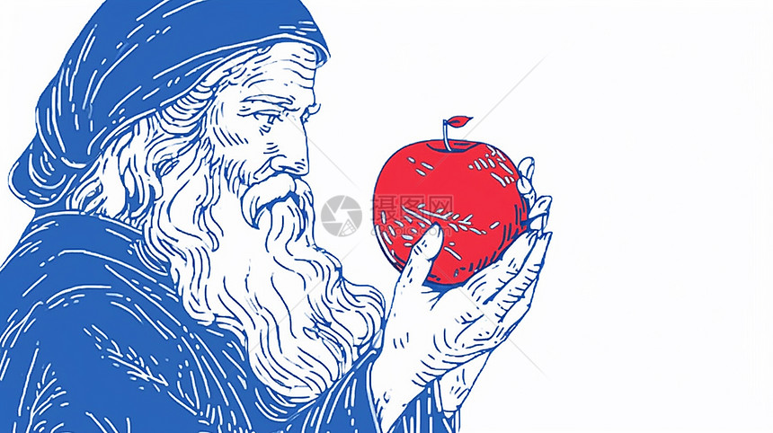拿着红苹果的版画风卡通白胡子老爷爷图片