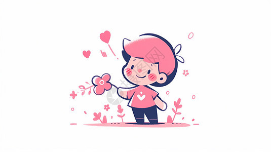 手拿花朵粉色短发可爱的卡通小男孩背景图片