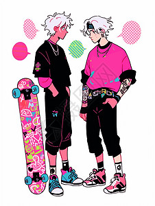 两个短发酷酷的卡通男孩手插兜站在滑板旁高清图片