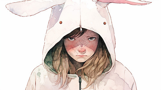 穿兔子耳朵卫衣生气表情水彩风卡通女孩图片