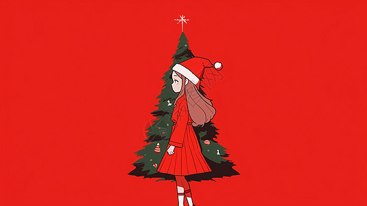 戴着红色圣诞帽走过圣诞树前可爱的扁平风卡通女孩图片