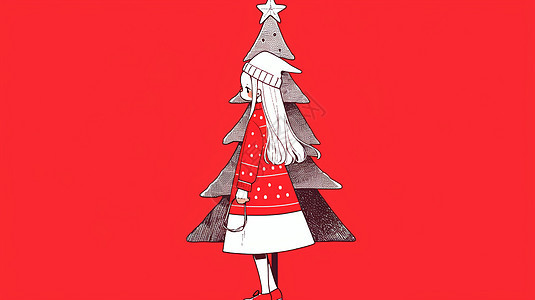 红色背景路过圣诞树前的小清新卡通女孩图片