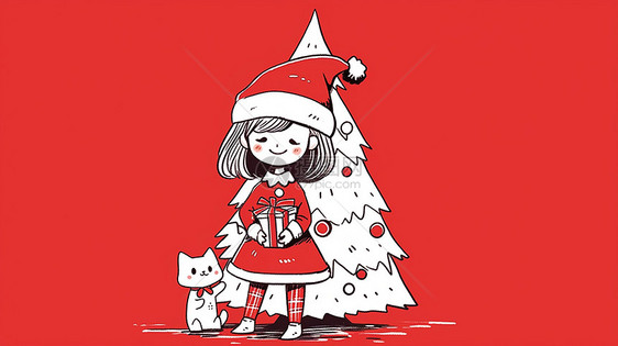 在圣诞树前抱着礼物盒微笑可爱的卡通小女孩图片