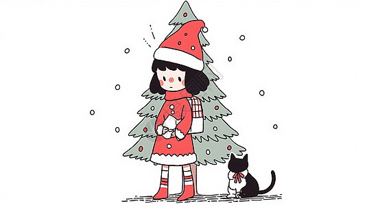 一起站在圣诞树前的可爱卡通小女孩图片