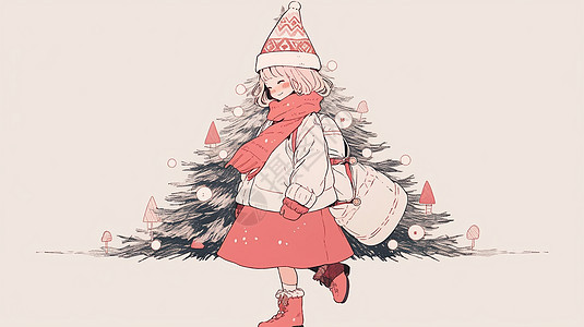 圣诞节围着红色围巾穿着半身裙开心走路的卡通小女孩，图片