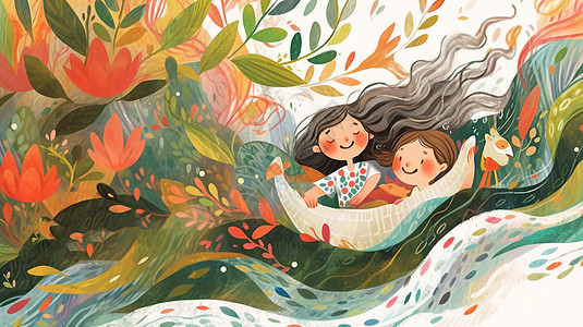 两个可爱的卡通小女孩躲在植物后面儿童插画背景图片