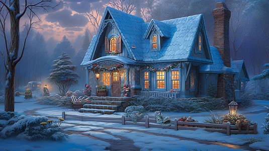 夜晚雪后森林中一座亮着灯温馨的可爱卡通小房子图片