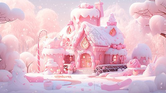 粉色森林中一座可爱的粉色卡通小房子图片