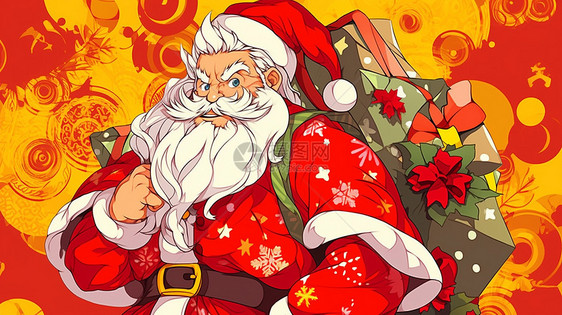 白色胡子背着绿色包裹的帅气卡通圣诞老人图片