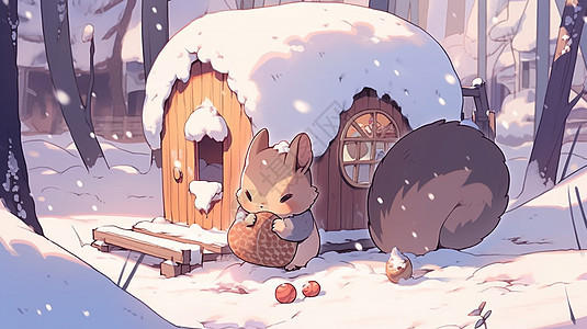 大雪中在树下端着食物的可爱卡通松鼠背景图片