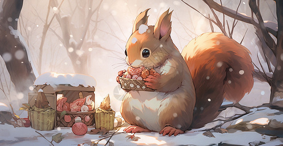 雪中在木屋旁抱着美食的可爱卡通小松鼠高清图片