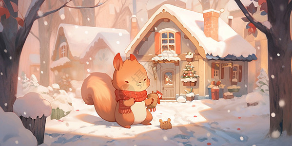 大雪中在吃食物的可爱卡通小松鼠背景图片