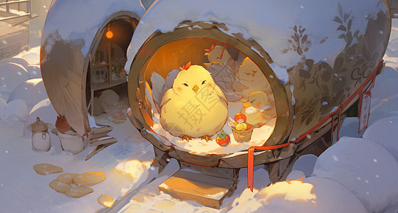 雪后在鸡窝中站着一只可爱的卡通小黄鸡图片