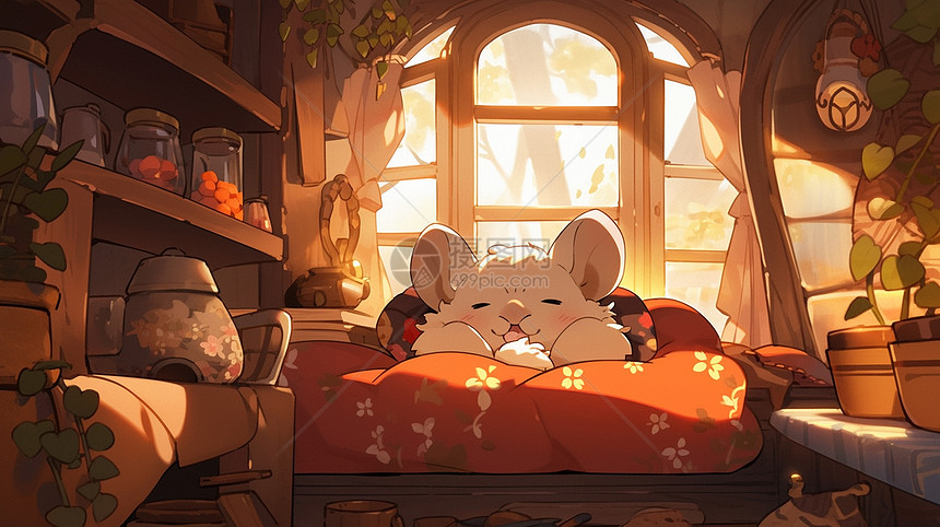 趴在红色花床上睡觉的可爱卡通小老鼠图片