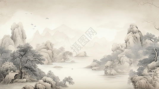 古风水墨风景画唯美的山川河流图片