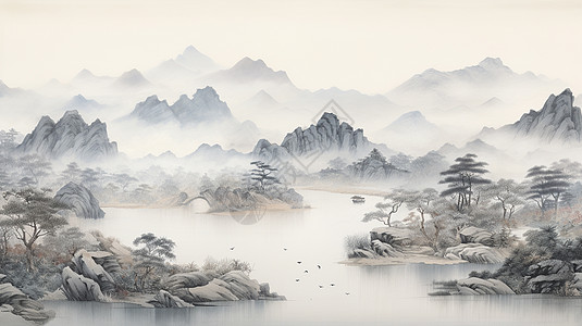 飞鸟素材云雾缭绕的古松与河流唯美水墨风山水画插画