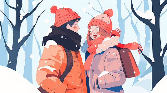 冬天雪地中散步的情侣图片