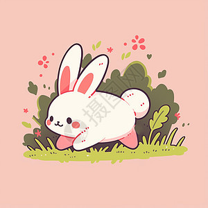 在草地上奔跑的可爱卡通小白兔背景图片