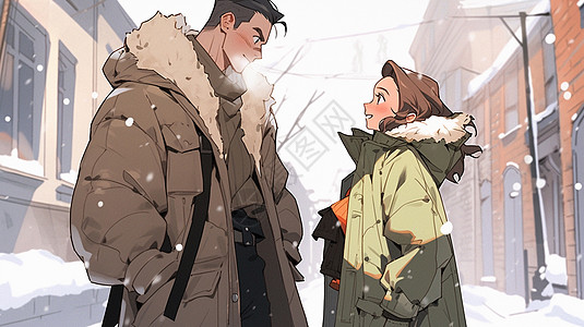 冬天站在街道上谈话穿着厚外套的卡通情侣图片