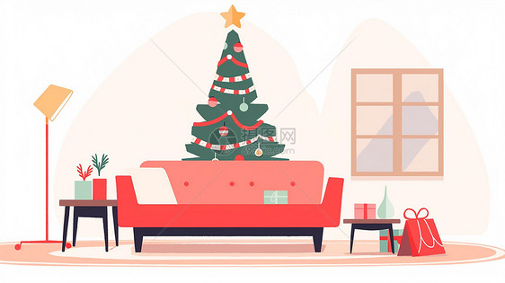 扁平风客厅中沙发后放着一棵圣诞树图片