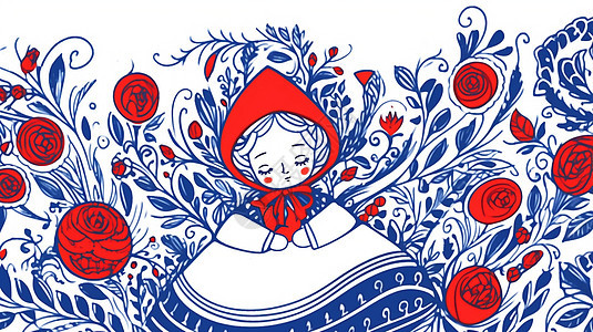 戴着小红帽在花丛中可爱的卡通小女孩图片