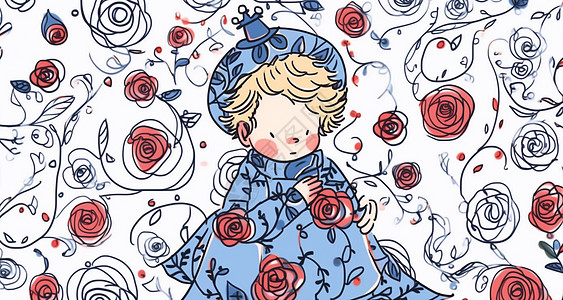 在玫瑰花丛中穿蓝色披风的可爱卡通小男孩图片