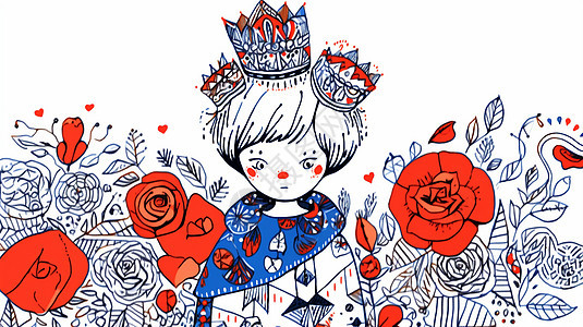 头戴三个蓝色皇冠在花丛中的可爱卡通小男孩图片