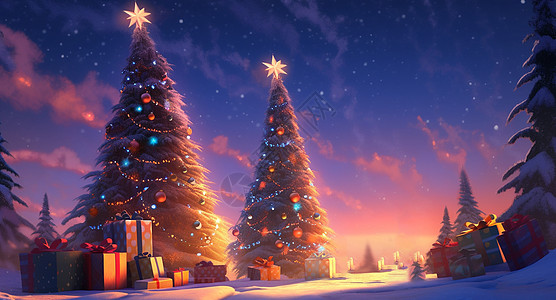 傍晚雪地上森林中几棵漂亮的卡通圣诞树图片