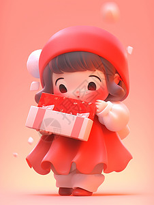 抱在一起穿红色裙子抱着礼物盒卡通小女孩插画