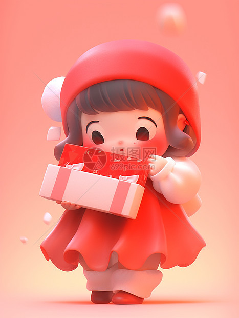 穿红色裙子抱着礼物盒卡通小女孩图片