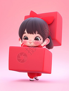 站在红色盒子中开心笑的可爱卡通小女孩图片
