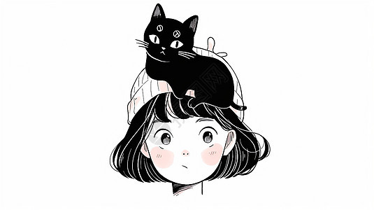 红脸蛋可爱的卡通小女孩头上趴着一只卡通小黑猫背景图片