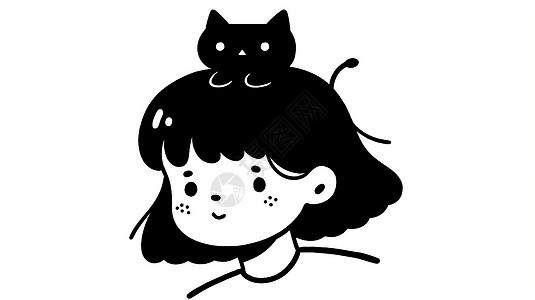 一只可爱的黑色卡通小猫趴在女孩头上图片