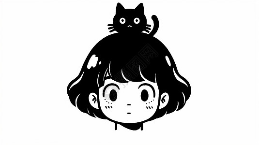 大眼睛短发可爱的卡通小女孩头上一只小黑猫图片