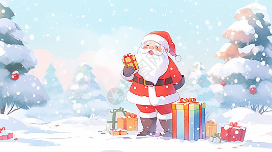 站在礼物旁开心笑的卡通圣诞老人图片